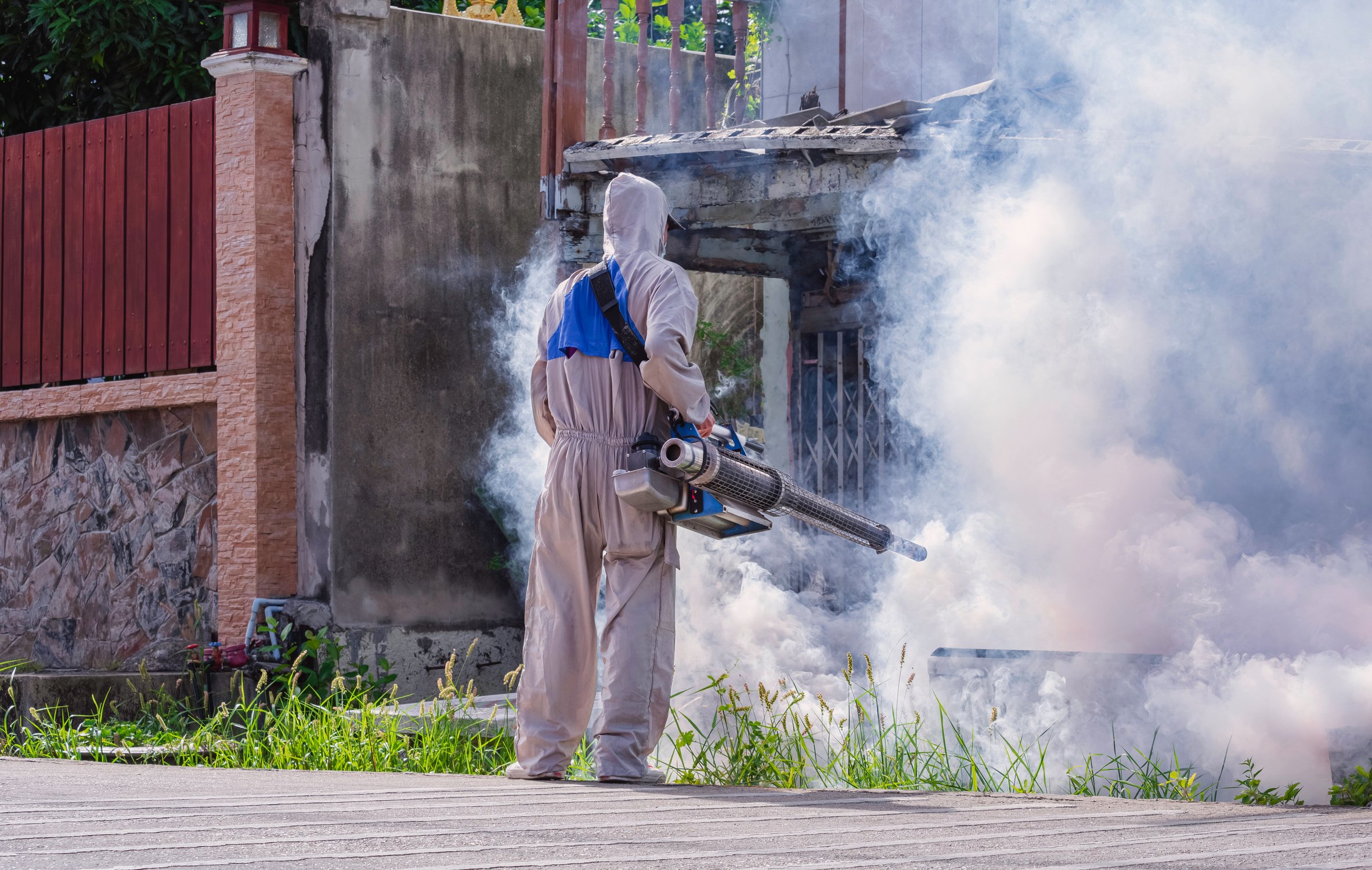 Healthcare worker in protective clothing on street is spraying chemical to eliminate mosquitoes in overgrown area at abandoned house in outdoors public area