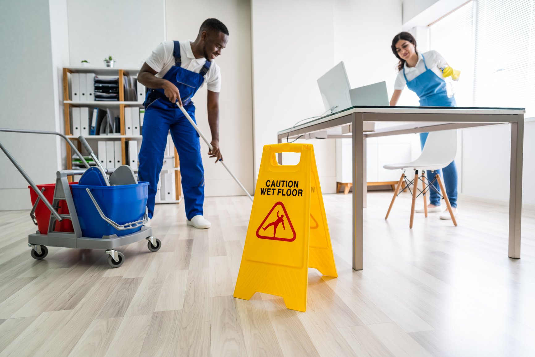 Male And Female Cleaners Cleaning Office